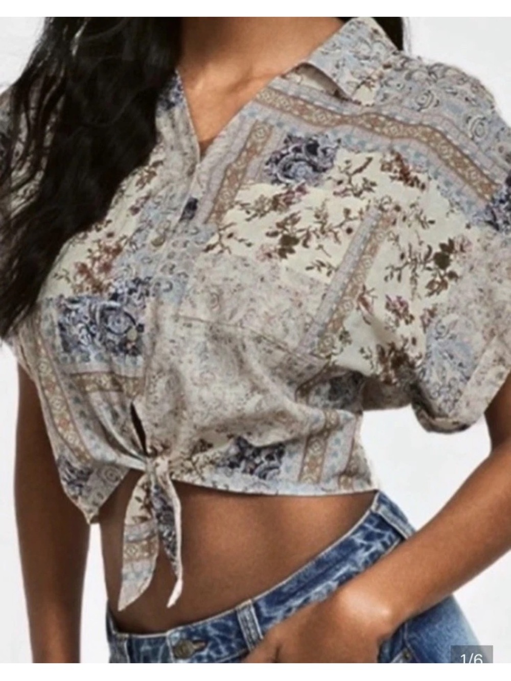 Frye Paisley Tie-Front Cropped Button Down Blouse Size Medium